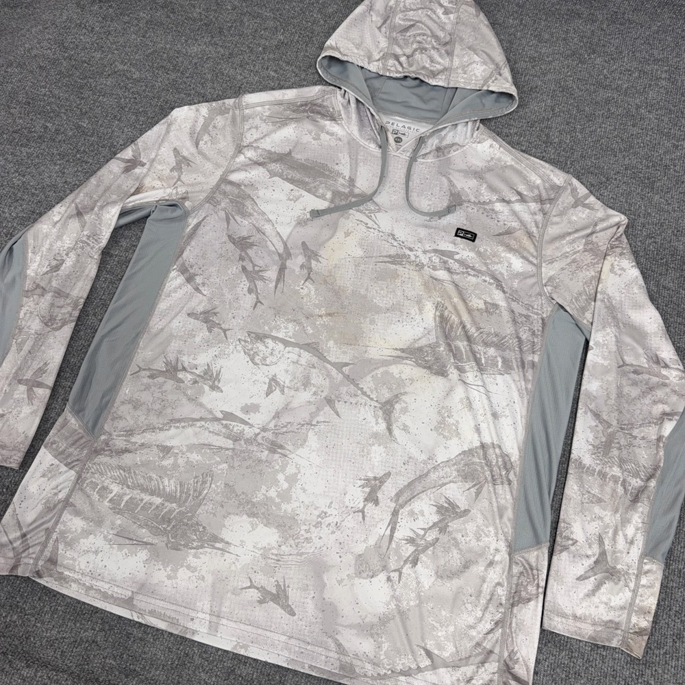 Pelagic Hoodie Men 2XL Gray Camo Lightweight Performance Fishing UPF